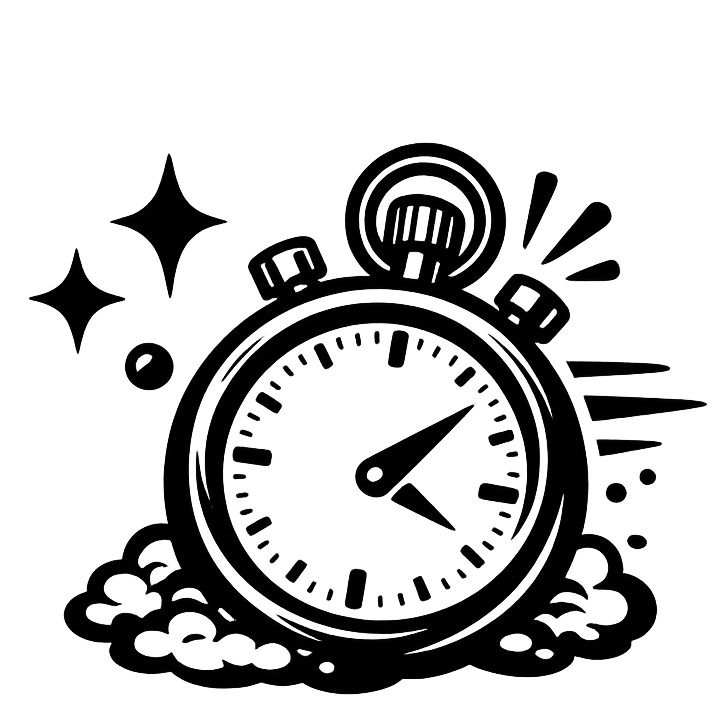 Black and white illustration of a vintage stopwatch with stars and clouds on a white background