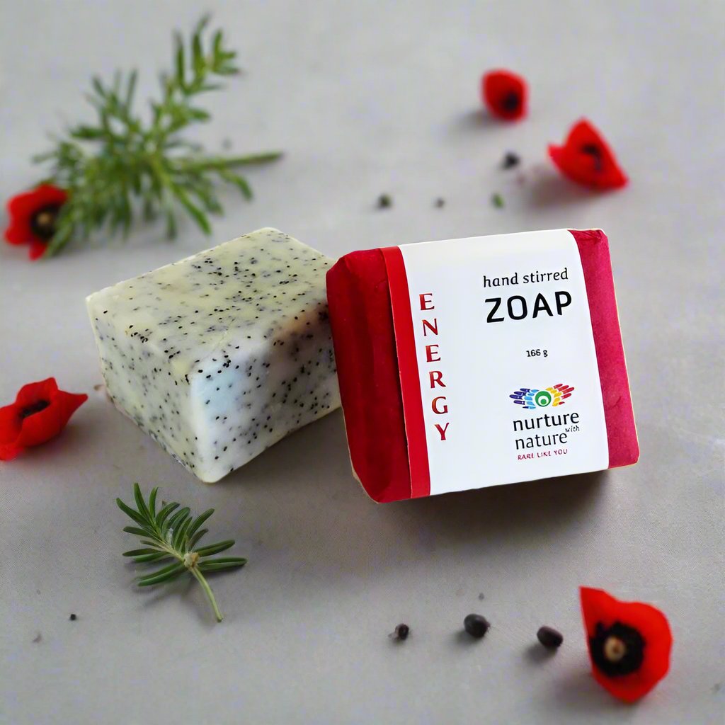Exfoliating energy soap bar with poppy seeds, rosemary, peppermint and basil essential oils
