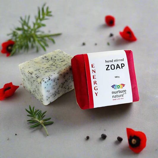 Exfoliating energy soap bar with poppy seeds, rosemary, peppermint and basil essential oils