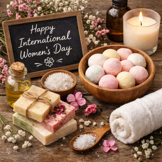 A sign with the text "happy international women's day" written in chalk. A candle lit, a bowl of bath fizzies, a few bars of soap and a towel rolled up. 