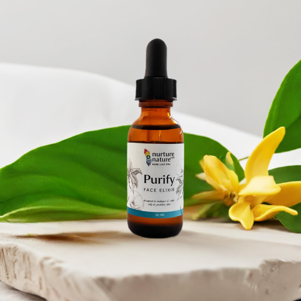 A stylish bottle of Purify Face Serum Oil, enriched with neem and ylang ylang, crafted to purify and enhance skin radiance, promoting a clear and glowing complexion.