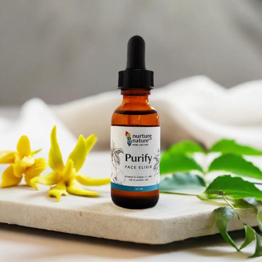 A stylish bottle of Purify Face Serum Oil, enriched with neem and ylang ylang, crafted to purify and enhance skin radiance, promoting a clear and glowing complexion.