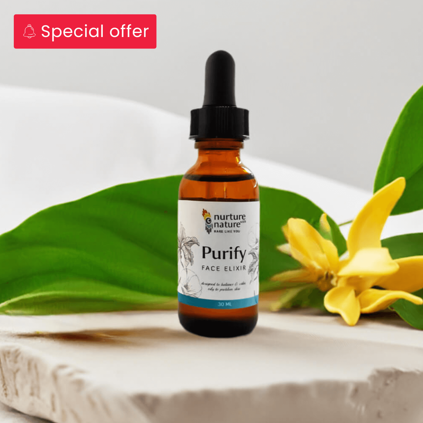 Bottle of 'Purify' face elixir with green leaves and a yellow flower on a light background
