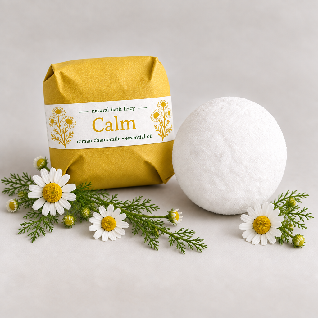 Calm bath fizzy — chamomile on label in yellow only