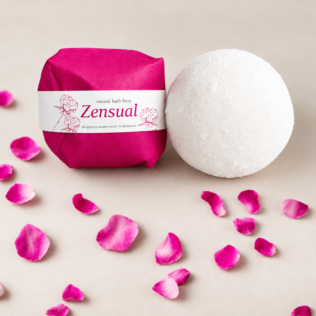 Zensual bath fizzy, natural bath fizzy label
