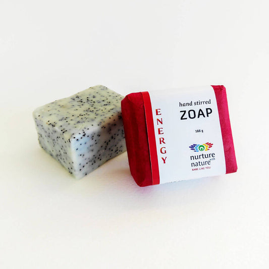 Exfoliating energy soap bar with poppy seeds, rosemary, peppermint and basil essential oils